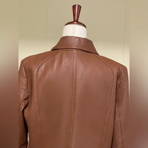 Prague Cropped Leather Jacket Cognac Brown size L - Picture 6 of 6